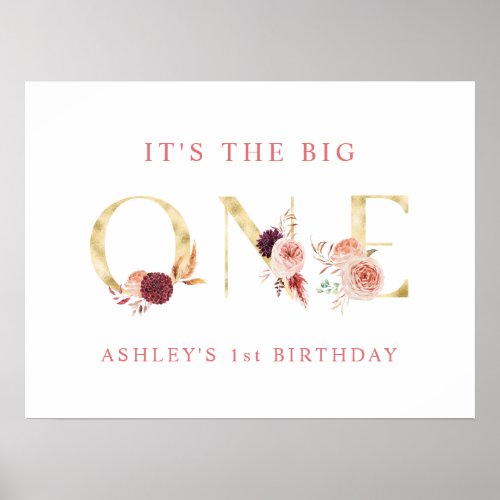 Floral Gold Letter Watercolor Girl First Birthday Poster