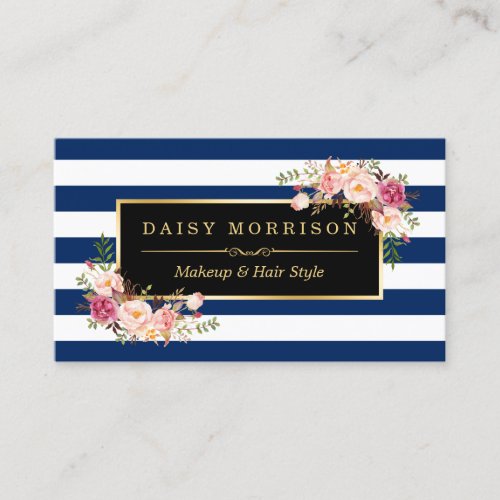 Floral Gold Makeup Salon Changeable Navy Stripes Business Card