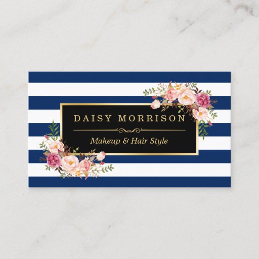 Customizable Floral Gold Makeup Salon Changeable Navy Stripes Business Card