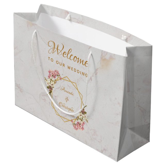 Floral Gold Marble Orchid Geometry Wedding Welcome Large Gift Bag (Back Angled)