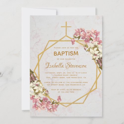 Floral Gold Marble Pink Orchids Geometric Baptism Invitation
