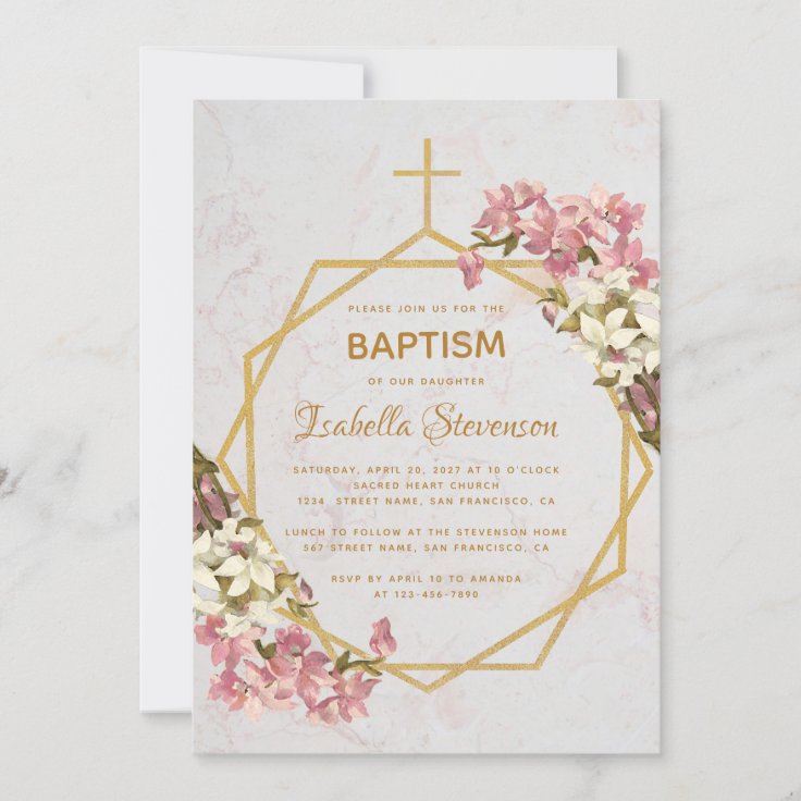 Floral Gold Marble Pink Orchids Geometric Baptism Invitation | Zazzle