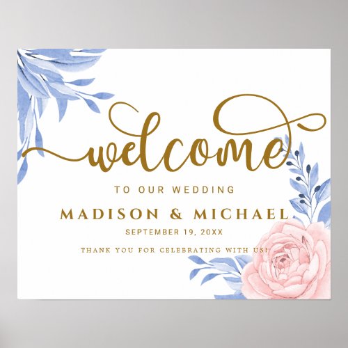 Floral Gold Minimal Blue Wedding Welcome Sign