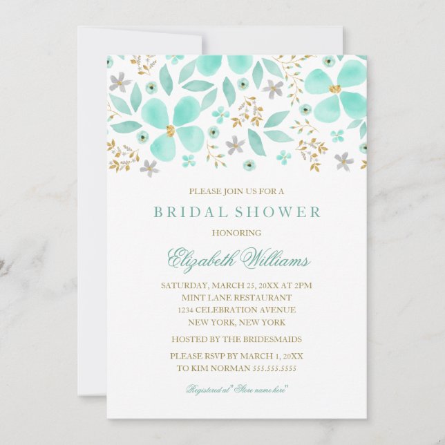 Floral Gold Mint Leaf Bridal Shower Invitation (Front)