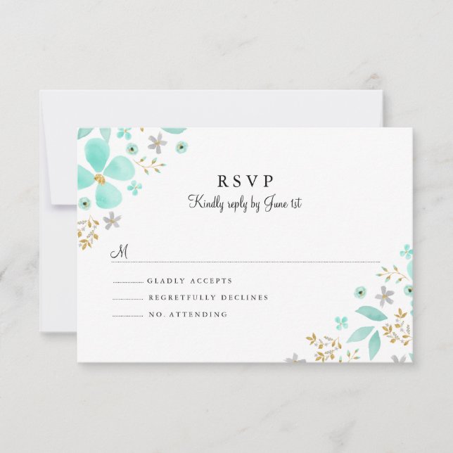 Floral Gold Mint Leaf Wedding RSVP (Front)