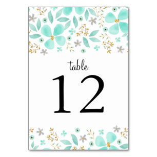 Floral Gold Mint Leaf Wedding Table Number Cards