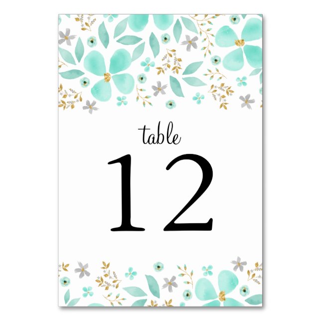 Floral Gold Mint Leaf Wedding Table Number Cards (Front)