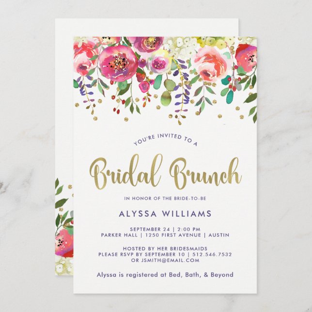 Floral Gold | Modern Watercolor Bridal Brunch Invitation (Front/Back)