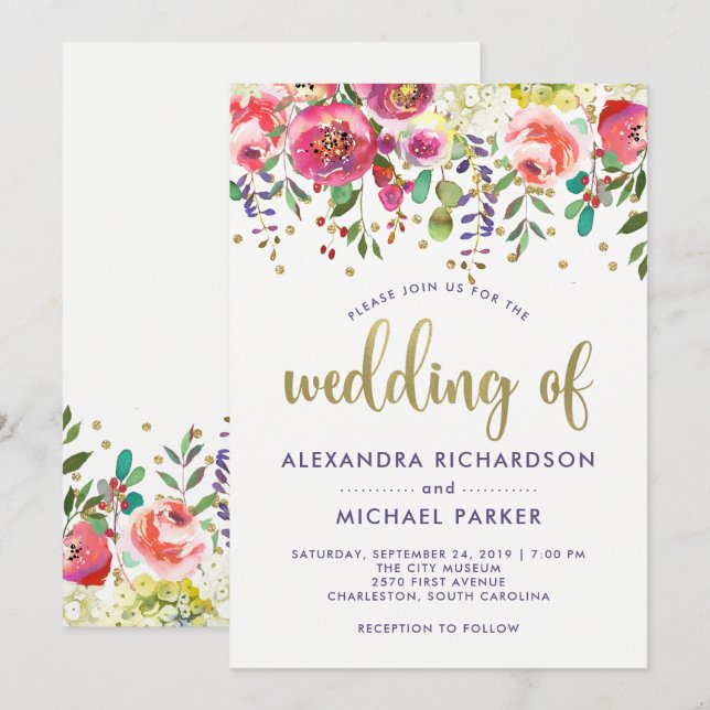 Floral Gold | Modern Watercolor Wedding Invitation (Front/Back)