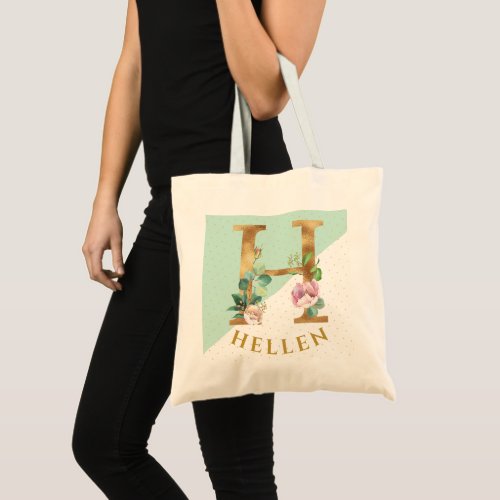 Floral gold monogram letter H for Hellen Tote Bag