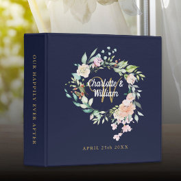 Floral Gold Monogram Navy Blue Wedding Album 3 Ring Binder