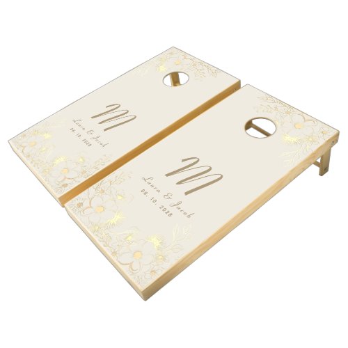 Floral Gold Monogram Wedding Cornhole Set