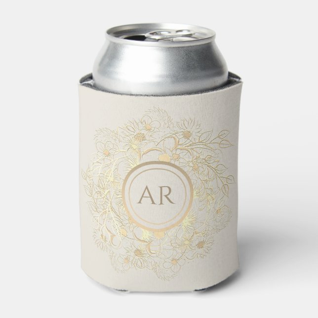Floral Gold Monogram Wedding Favor Can Cooler (Can Front)