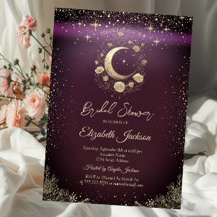 Floral Gold Moon,Stars Burgundy Bridal Shower Invitation