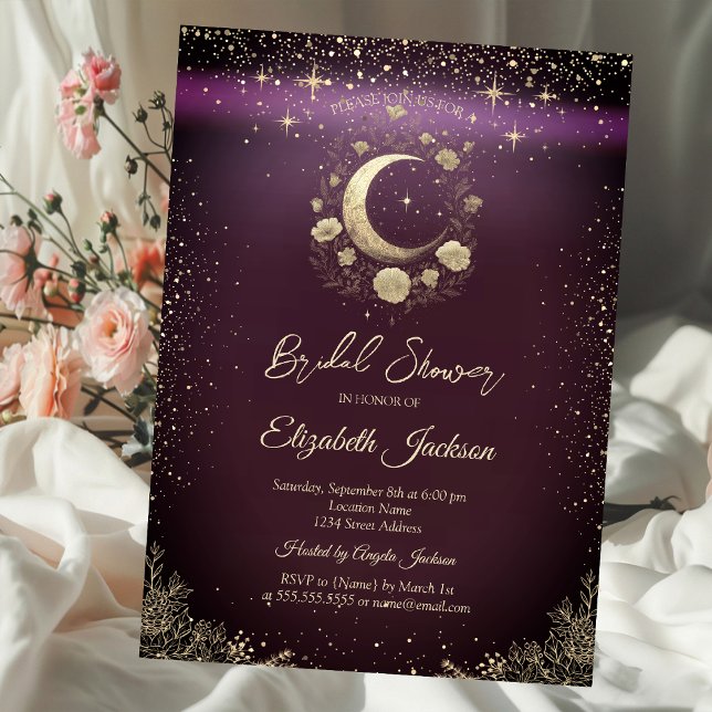 Floral Gold Moon,Stars Burgundy Bridal Shower Invitation (Creator Uploaded)
