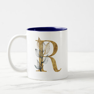 Floral Gold Navy Blue Leaves Monogram Personalized Two-Tone Coffee Mug