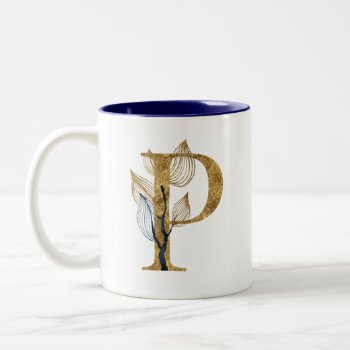 Floral Gold Navy Blue Leaves Monogram Personalized Two-tone Coffee Mug by HannahMaria at Zazzle
