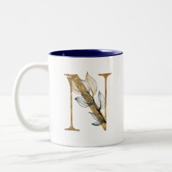 Floral Gold Navy Blue Leaves Monogram Personalized Two-tone Coffee Mug by HannahMaria at Zazzle