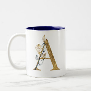 Floral Gold Navy Blue Leaves Monogram Personalized Two-Tone Coffee Mug