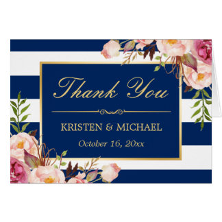 Floral Gold Navy Blue Stripes Wedding Thank You