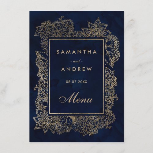 Floral gold navy blue watercolor menu wedding