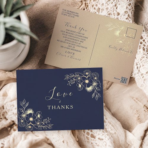 Floral Gold Navy Blue Wedding Thank You Postcard