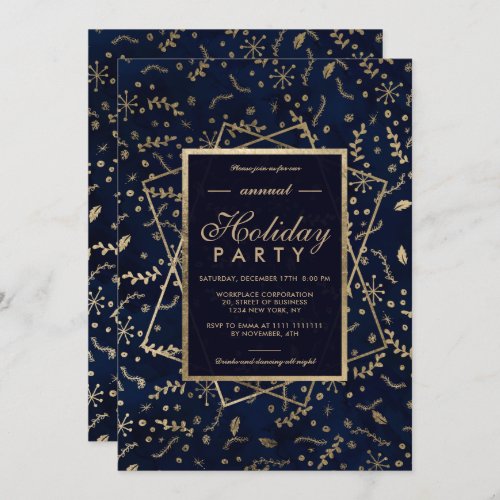 Floral Gold navy blue winter corporate holiday Invitation