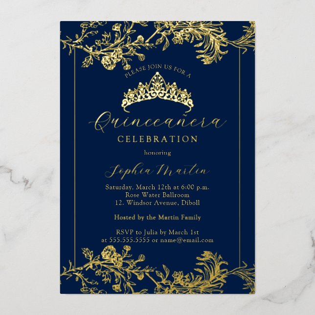 Floral Gold Navy Vintage Quinceanera  Foil Invitation (Front)
