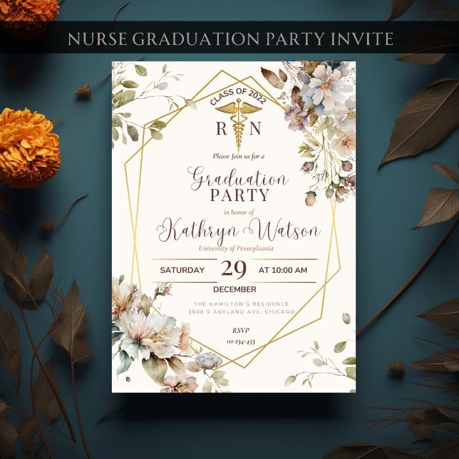 Floral Gold Nurse Graduation RN Nursing Graduate Invitation (Creator Uploaded)