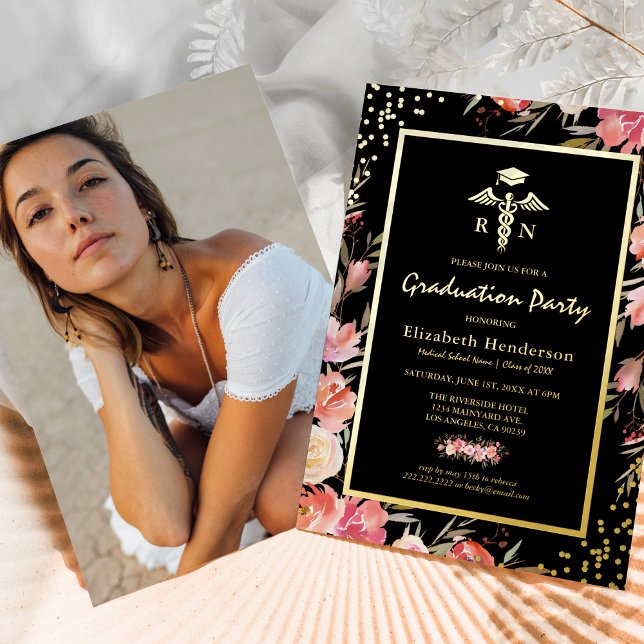Floral Gold Nursing School Graduation Real Gold Foil Invitation (Creator Uploaded)
