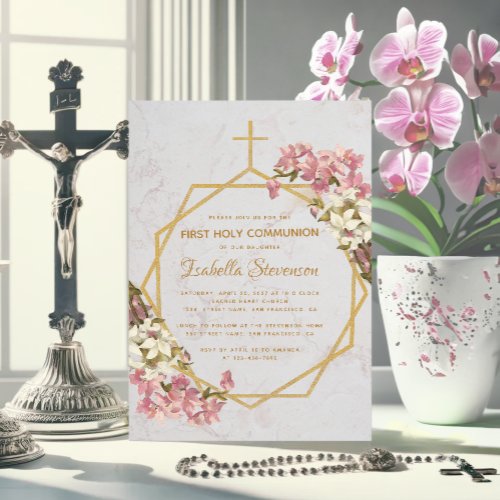 Floral Gold Orchids Marble First Holy Communion Invitation