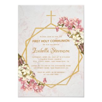 Floral Gold Orchids Marble First Holy Communion Invitation