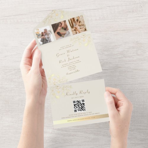Floral Gold Photo QR Code Wedding All In One Invitation