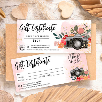 Floral Gold Photographer Gift Certificate Logo by girly_trend at Zazzle
