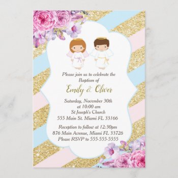 Floral Gold Pink Blue Twins Baptism Invitation by pinkthecatdesign at Zazzle