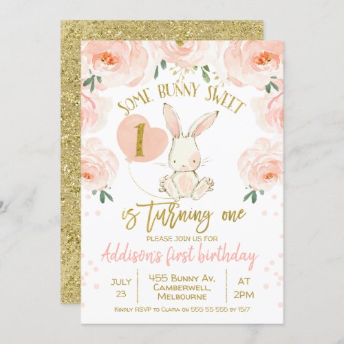 Floral gold pink bunny 1st Birthday Invitation