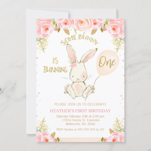 Floral Gold Pink Bunny 1st Birthday Invitation