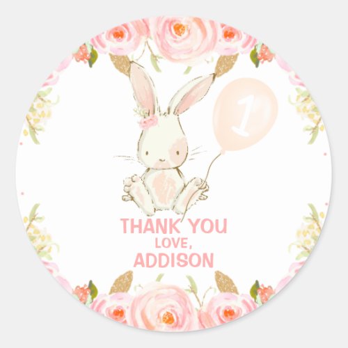 Floral Gold Pink Bunny Pink Balloon 1st Birthday Classic Round Sticker