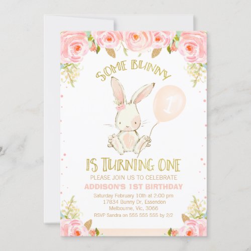Floral Gold Pink Bunny Pink Balloon 1st Birthday Invitation