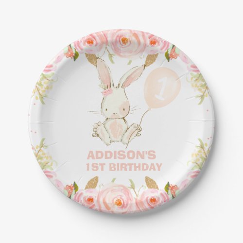 Floral Gold Pink Bunny Pink Balloon 1st Birthday Paper Plates