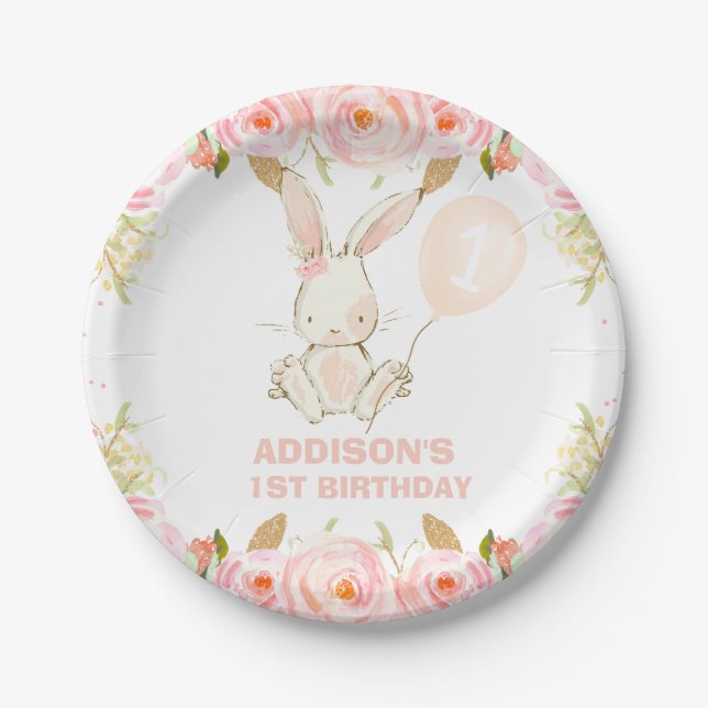 Floral Gold Pink Bunny Pink Balloon 1st Birthday Paper Plates (Front)