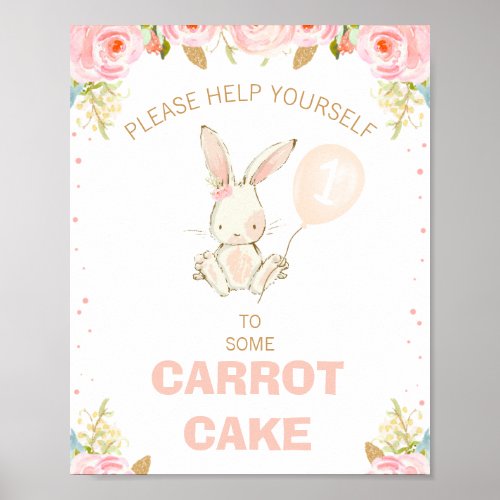 Floral Gold Pink Bunny Pink Balloon 1st Birthday Poster