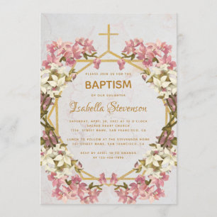 Floral Gold Pink Orchids Marble Geometric Baptism Invitation