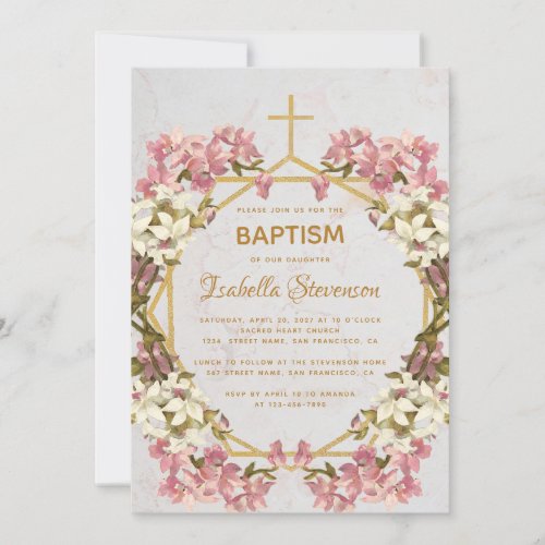 Floral Gold Pink Orchids Marble Geometric Baptism Invitation