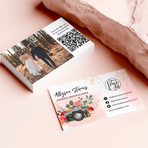 Customizable Floral gold pink Photography  photo logo qr code Business Card