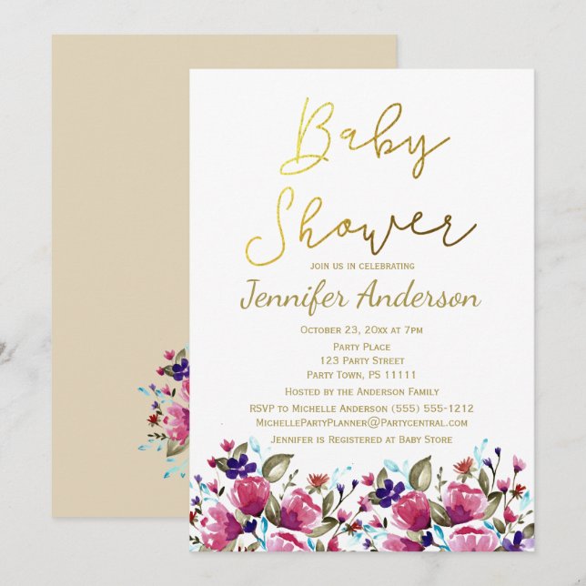 Floral Gold Pink Rose Watercolor Baby Shower Invitation (Front/Back)