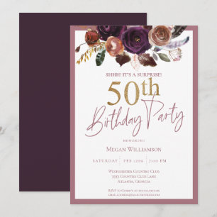 Floral Gold Pink Surprise 50th Birthday Party Invitation