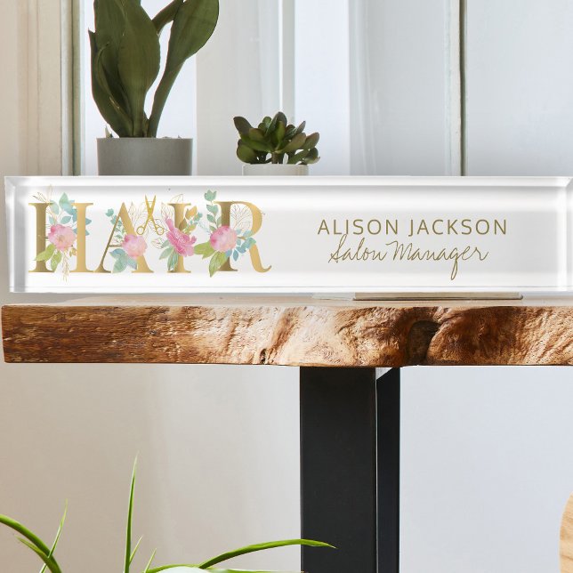 Floral gold pink typography hair salon manager desk name plate (Creator Uploaded)