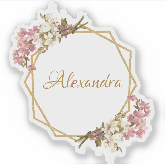 Floral Gold Pink White Orchids Girly Geometric Sticker (Front)