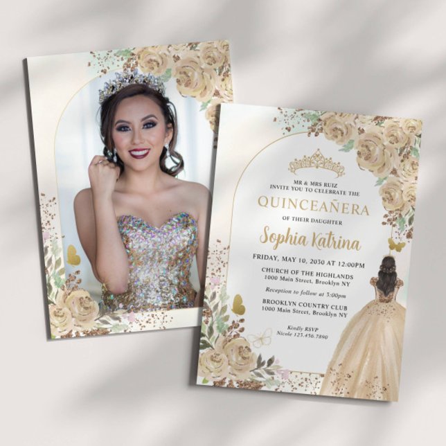 Floral Gold Princess Birthday Quinceanera Photo Invitation (Creator Uploaded)